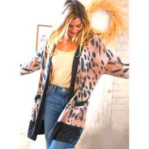 Brown Soft Bubble Sleeve Animal Print Cardigan
